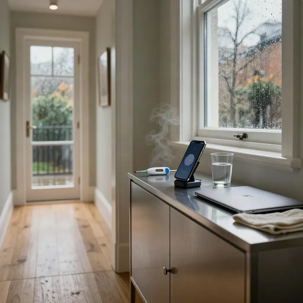 Rainy London hallway telehealth corner with phone dock, medical tools and warm steam