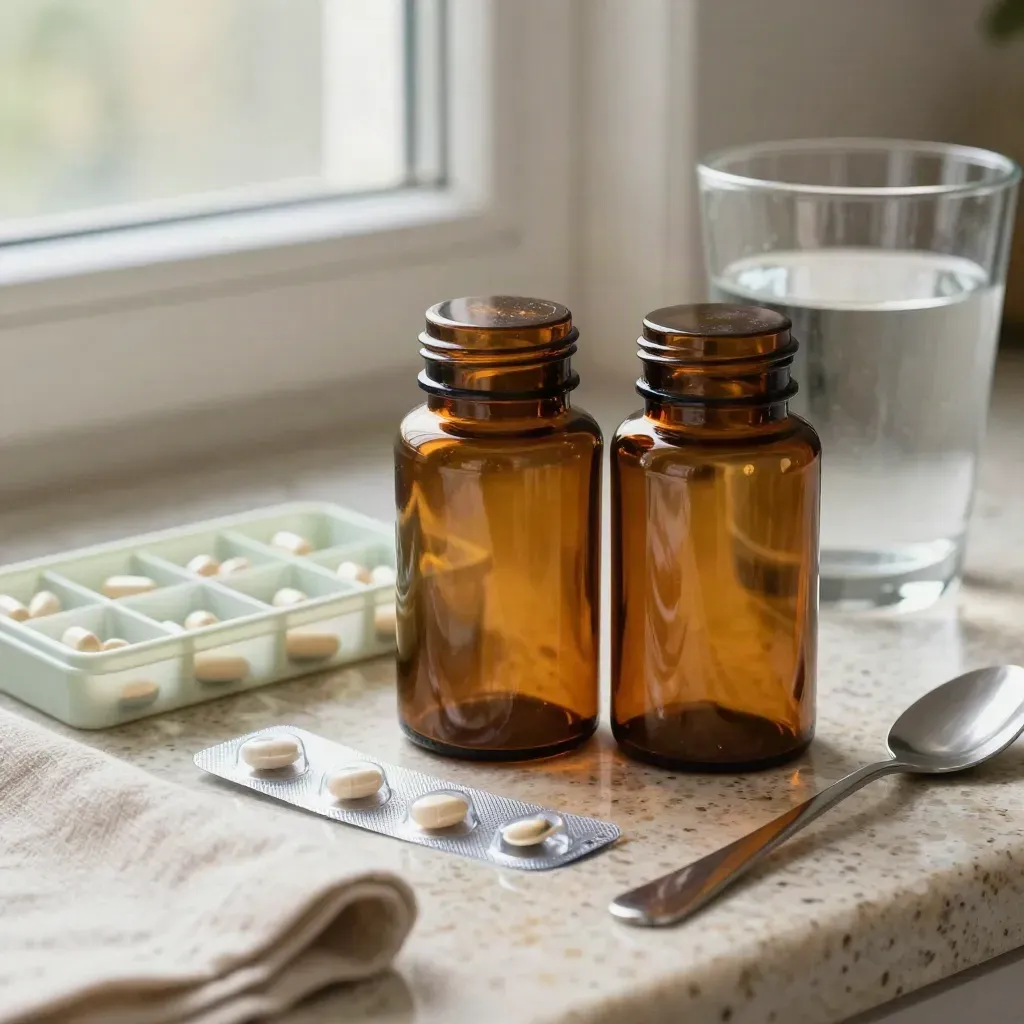 Amber medicine bottles, blister strips, pill organiser and water glass on a travertine kitchen counter