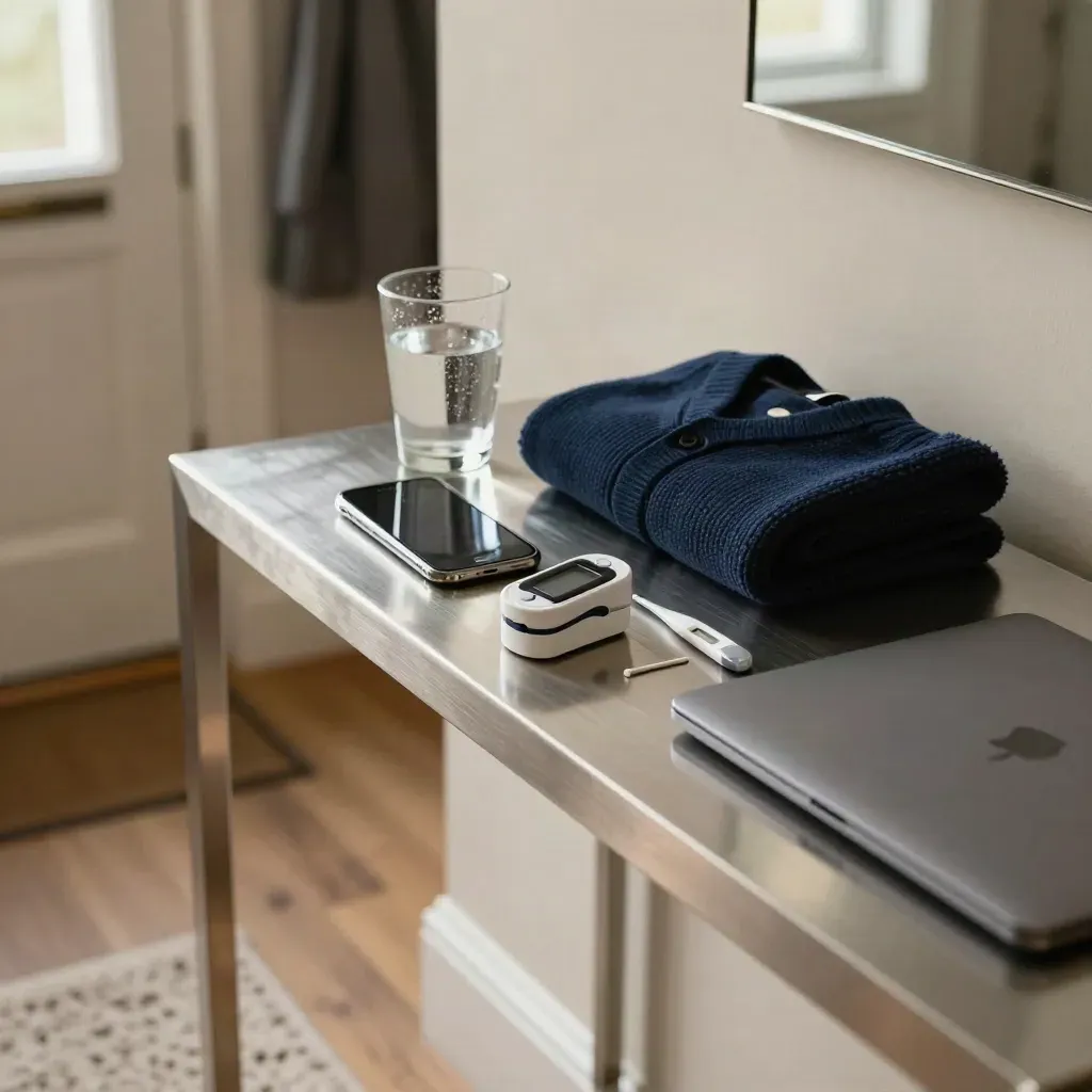 Hallway console with telehealth items by a front door in a bright UK flat