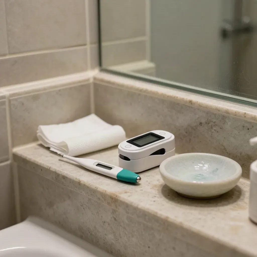 Bathroom shelf symptom-check kit with thermometer, pulse oximeter and cold compress in misty light.