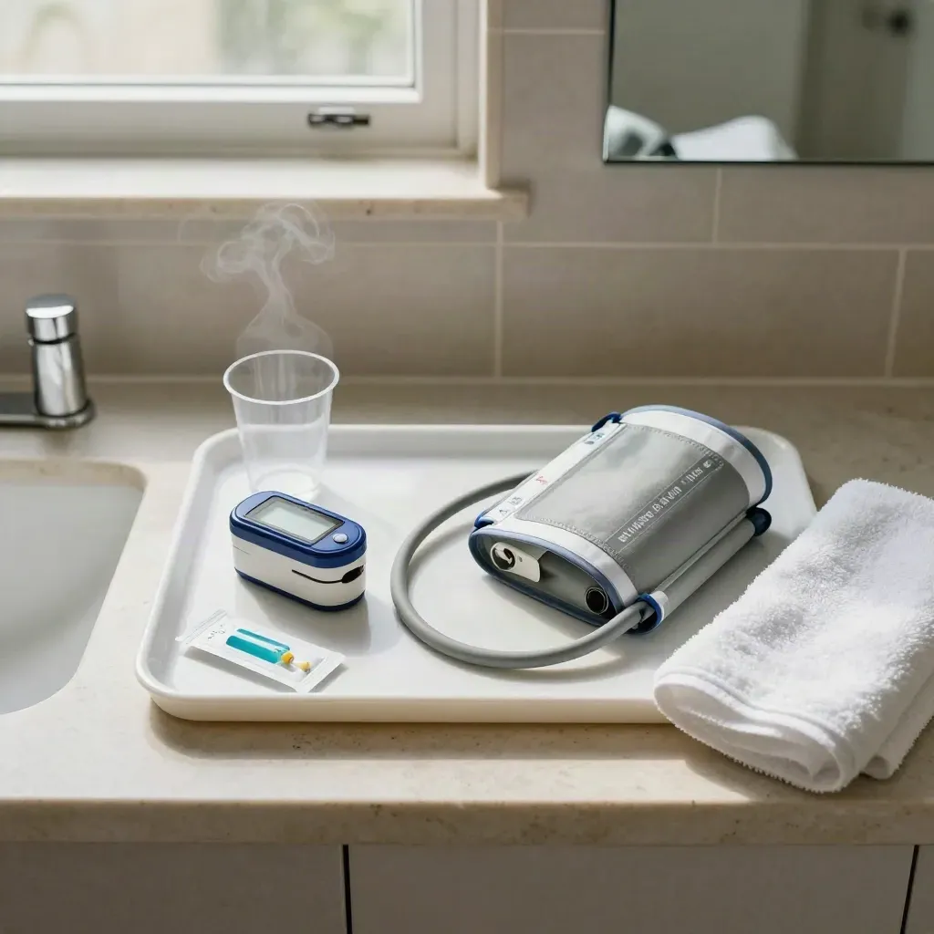 Bathroom screening kit with cuff, oximeter, specimen cup and swabs on a pale shelf.