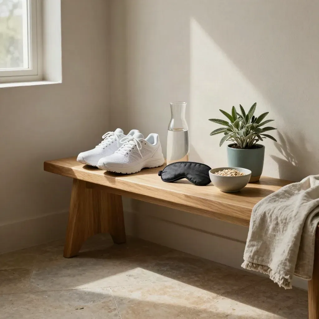 Quiet home wellness corner with shoes, water carafe, sleep mask, oat bowl, and plant.
