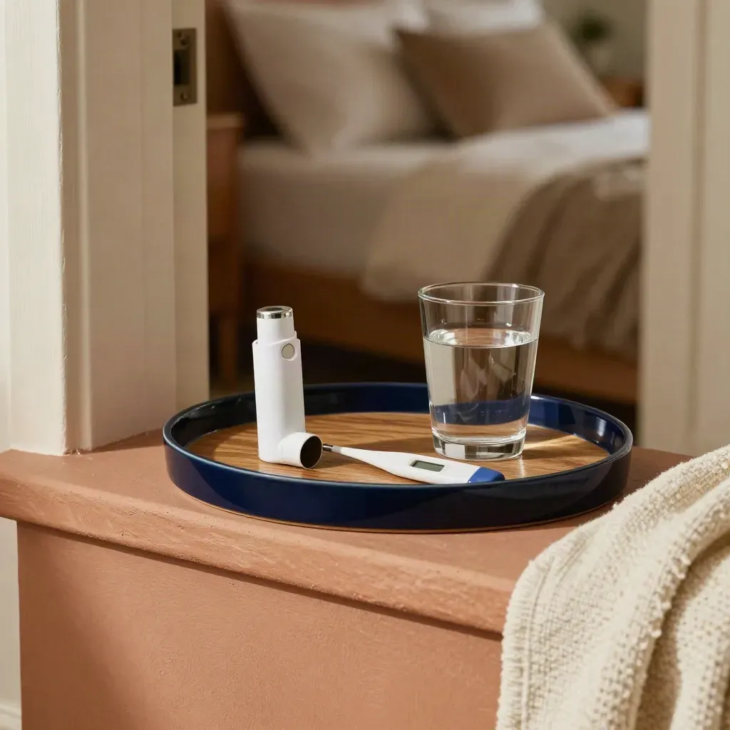Bedside tray with inhaler, thermometer, water glass and folded blanket in warm evening light