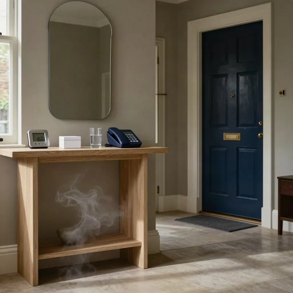 London hallway console with care items, water glass and phone dock after a late-night consult