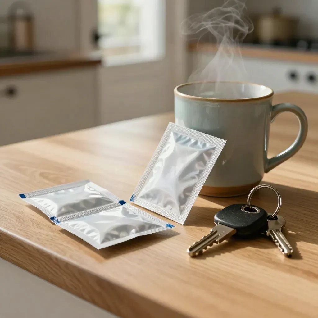 Prescription packs, mug and car keys on a kitchen island in morning light.