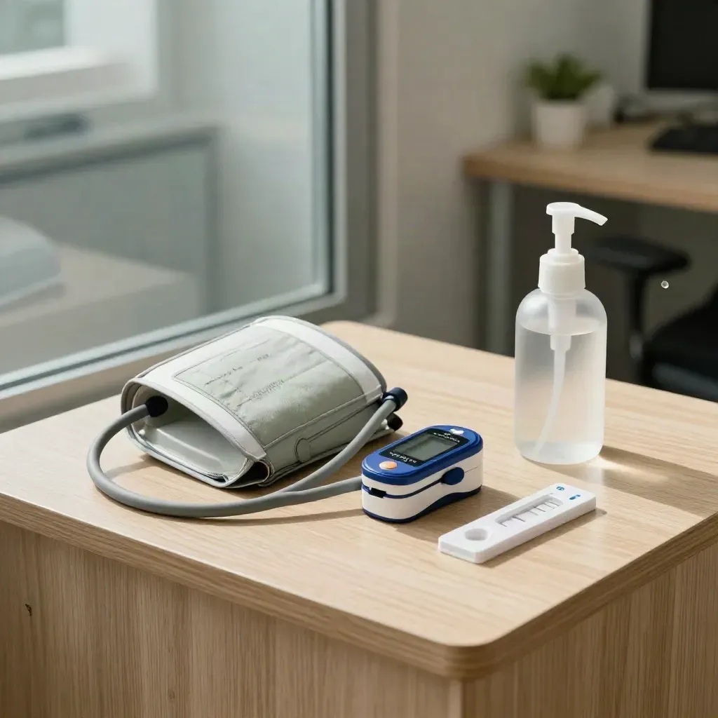 Office screening station with cuff, oximeter, cholesterol kit and sanitizer on a clean table.