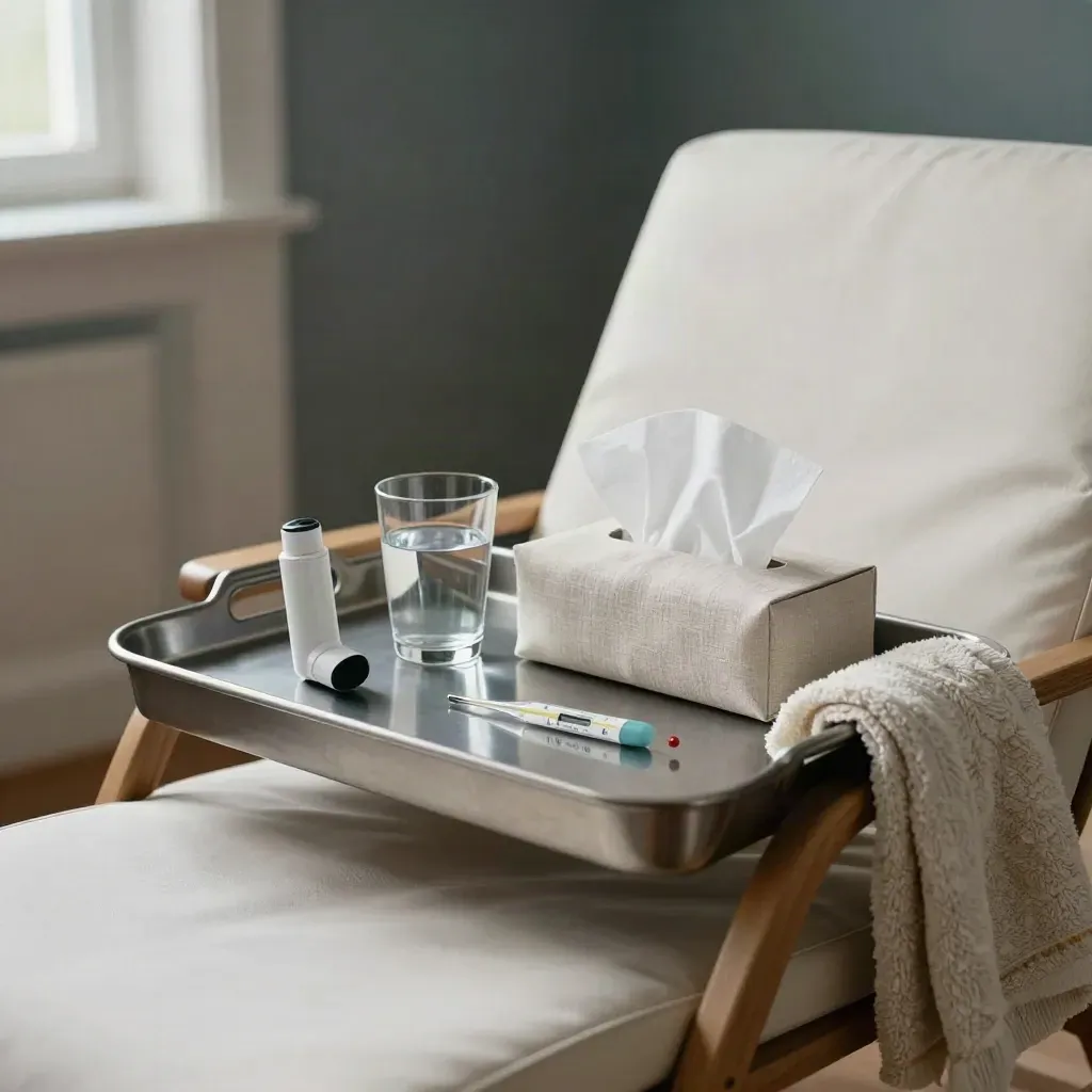 Recovery tray with inhaler, water, tissues, thermometer and blanket on a lounge chair.