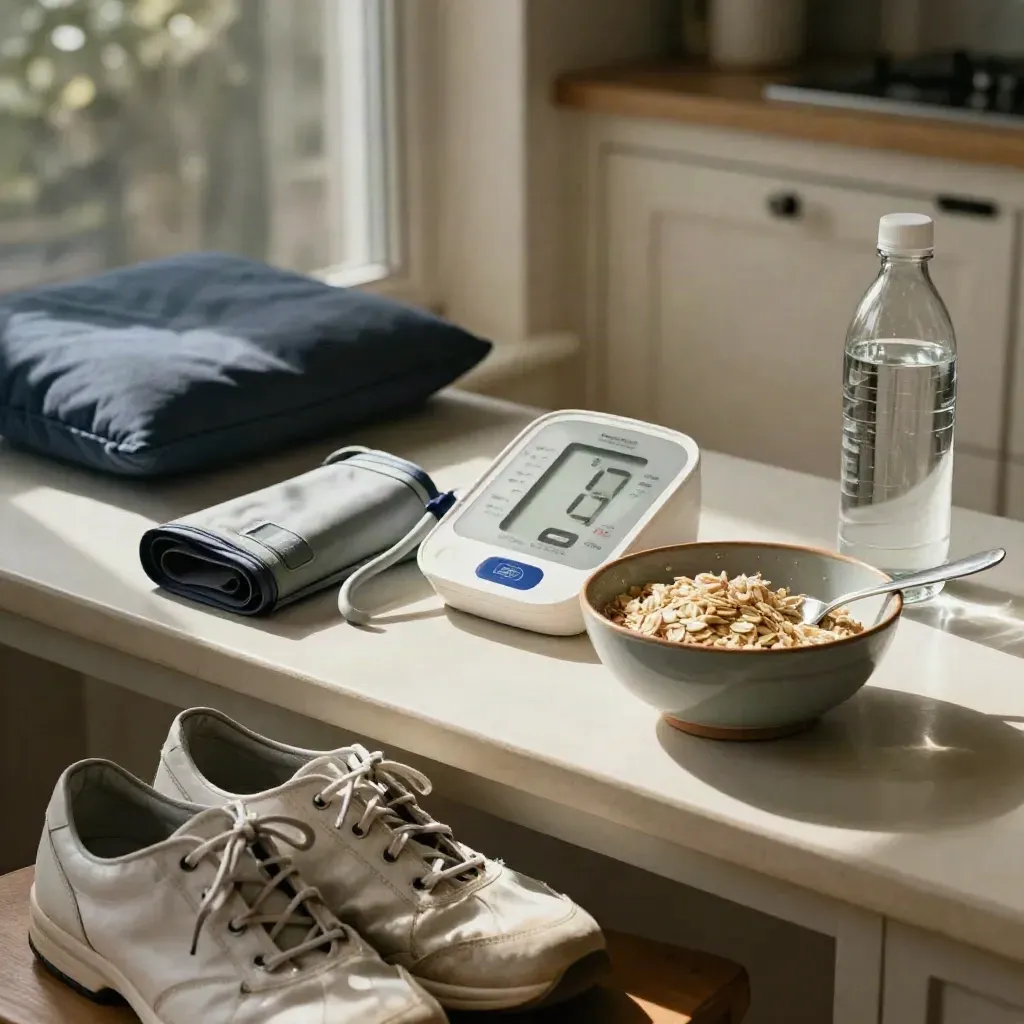 Blood-pressure monitor, oats, walking shoes and water bottle on a pale bench.