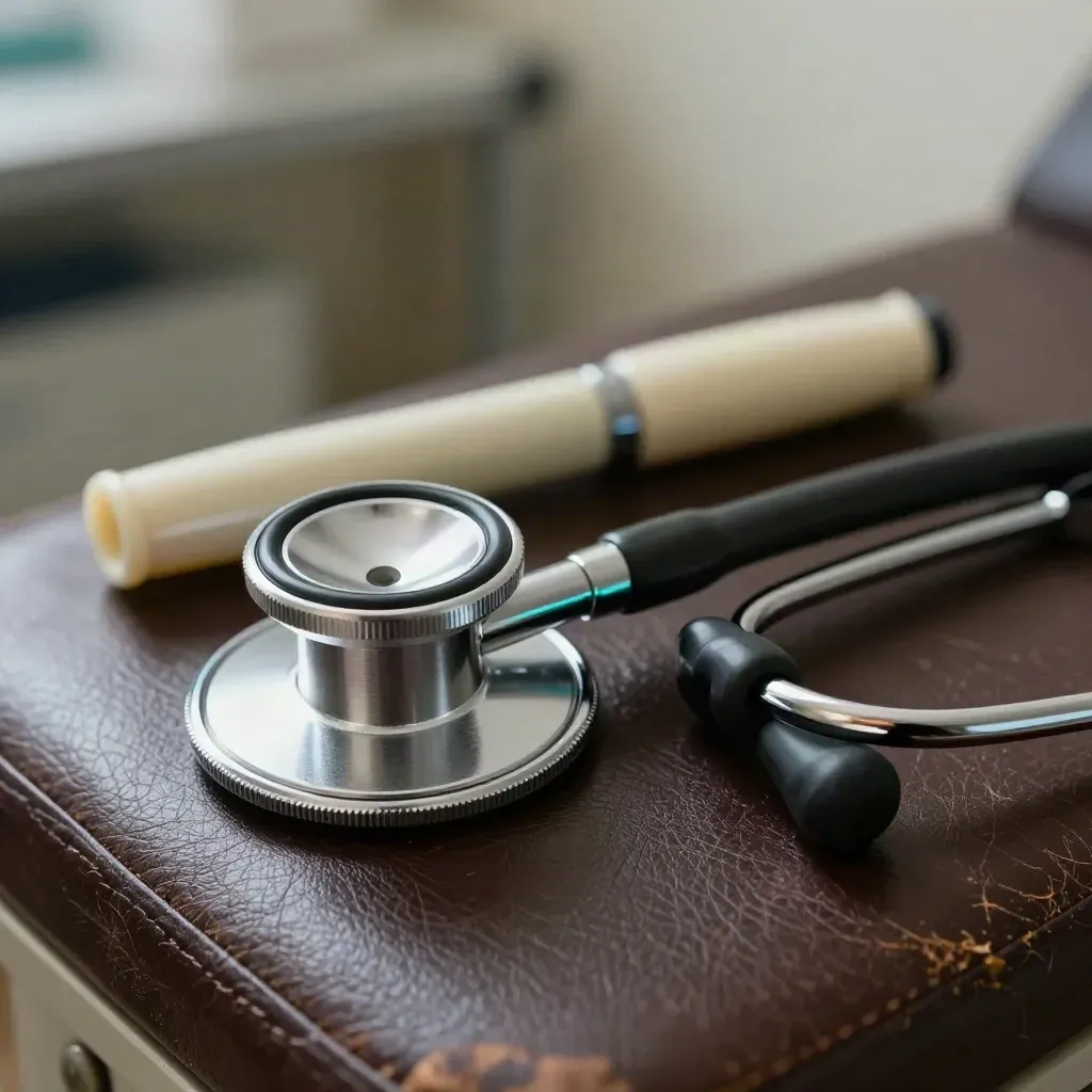 Stethoscope, otoscope head and penlight on dark leather with a soft teal reflection