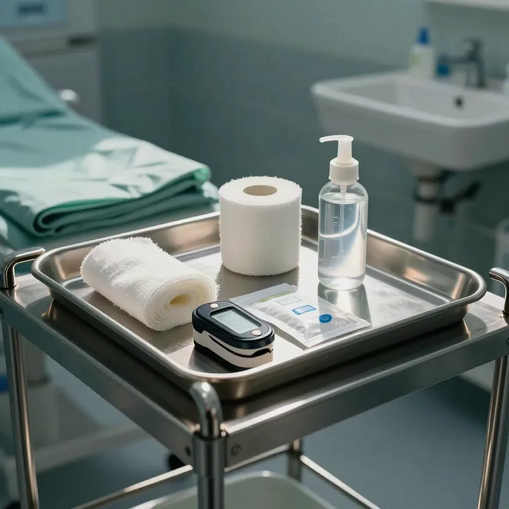 Steel wound-care tray with pulse oximeter, gauze, dressing pack and saline vial in a sterile bay