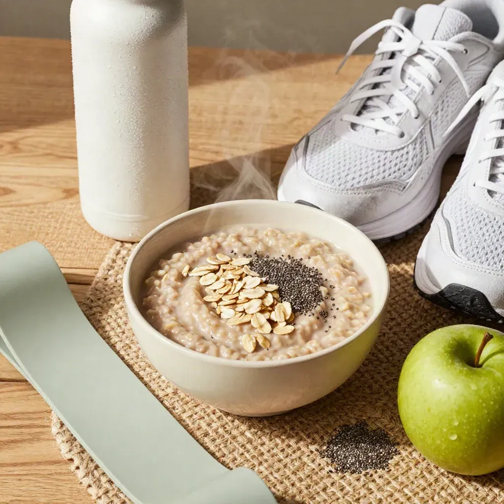 Steaming oat bowl with running shoes, water bottle, band, and apple on pale wood.