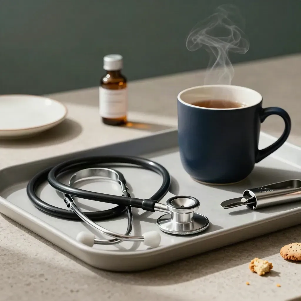 GP break tray with tea steam, stethoscope, pill cutter, and medicine bottle on stone.