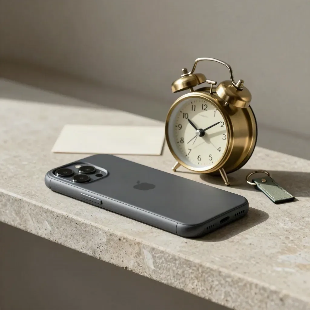 Brass clock, face-down phone and sage key ring on a stone shelf in soft daylight