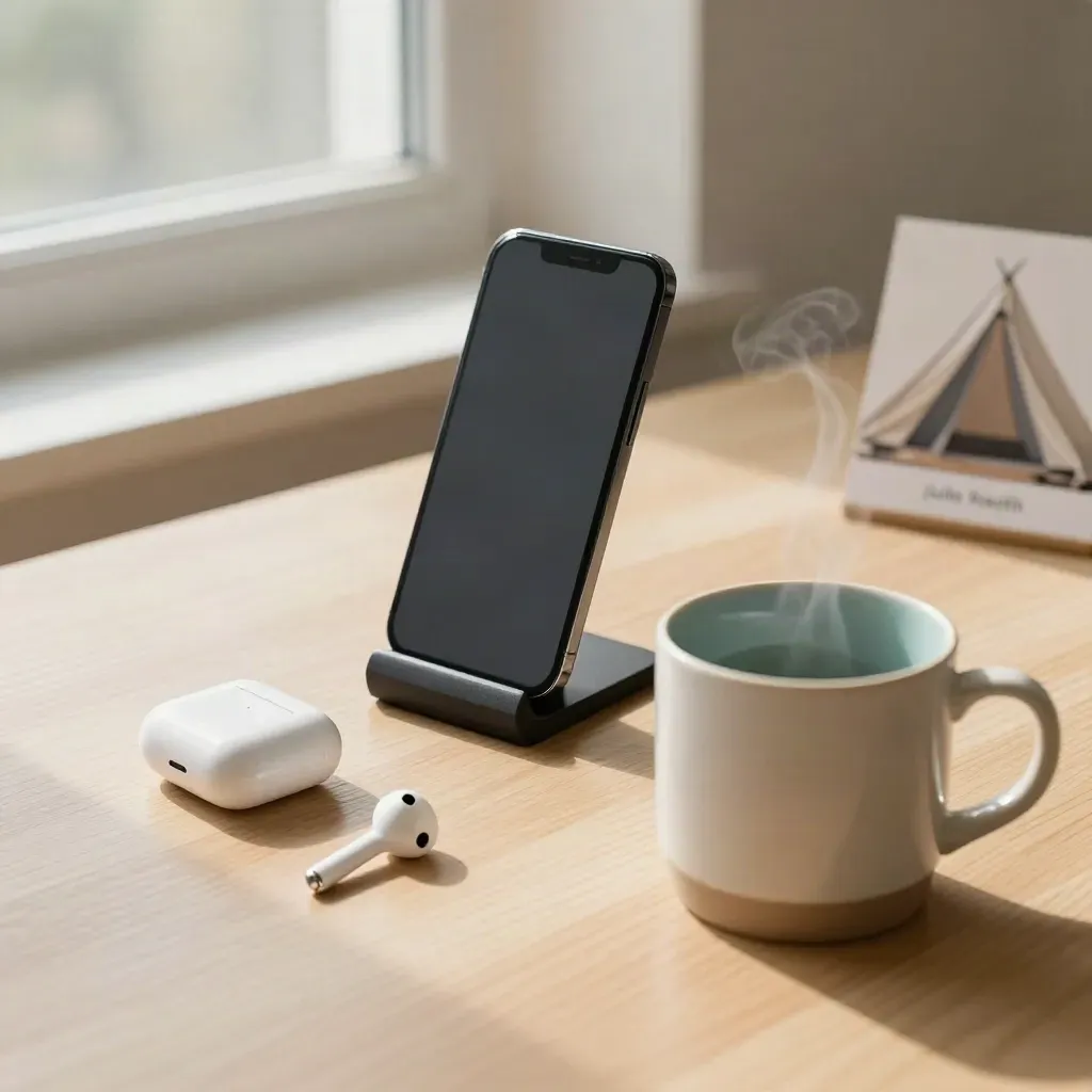 Earbuds, phone stand and steaming mug on a pale oak desk, styled for a clinician video call.