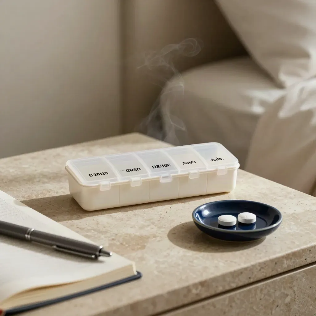 Pill organiser, closed notebook, pen and ceramic dish on a bedside table in soft daylight