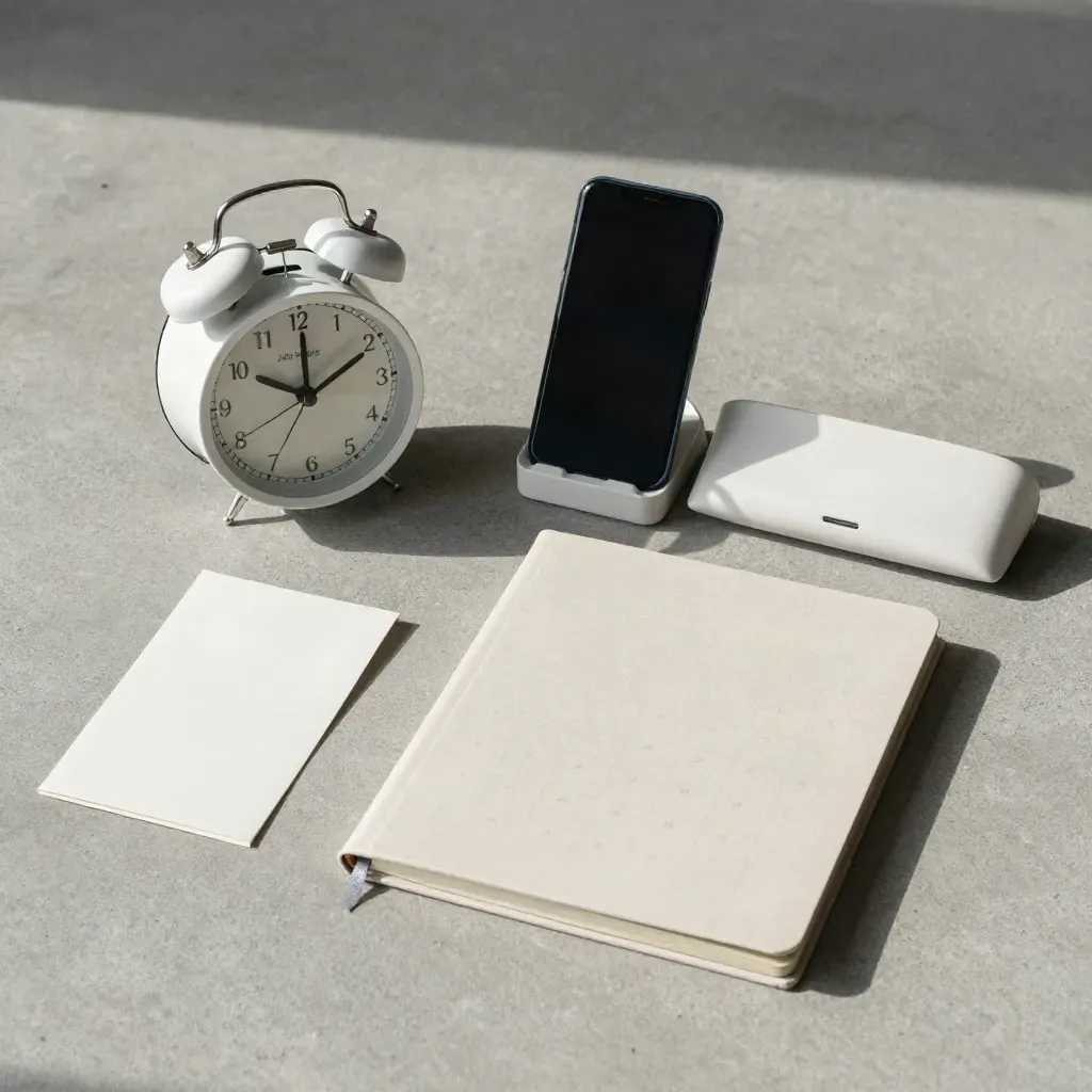 Overhead flatlay of alarm clock, phone dock, notebook and glasses case on stone