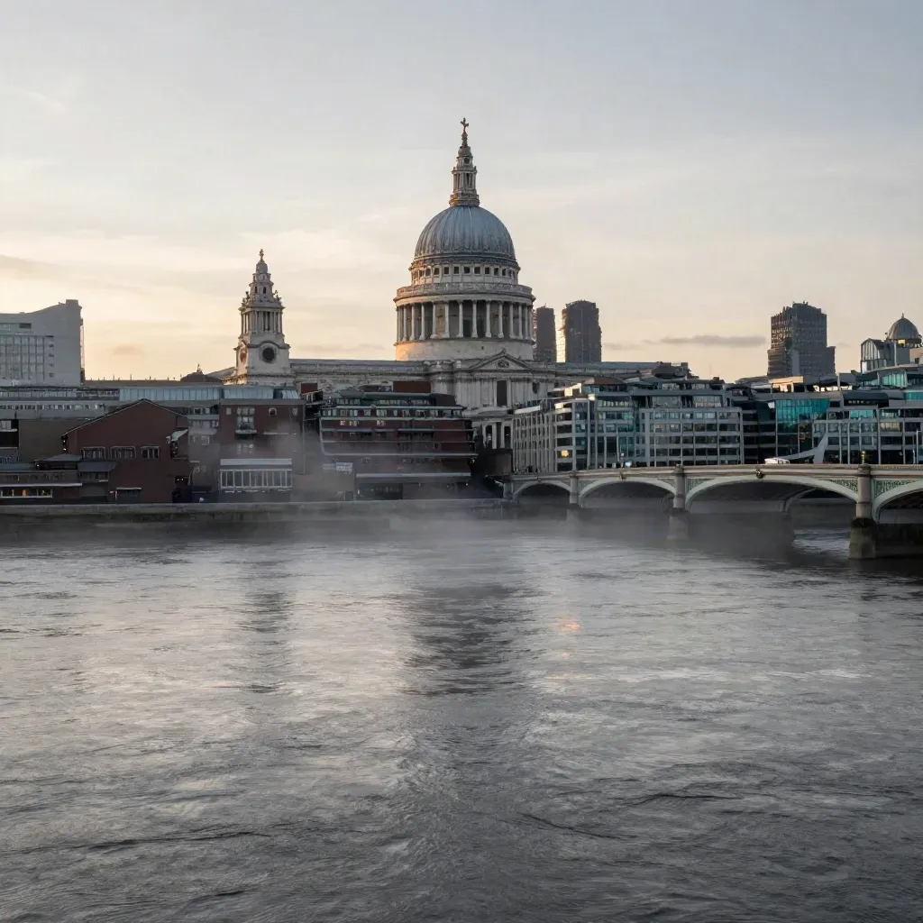 St Paul’s and Thames bridges over a hazy river at blue hour.