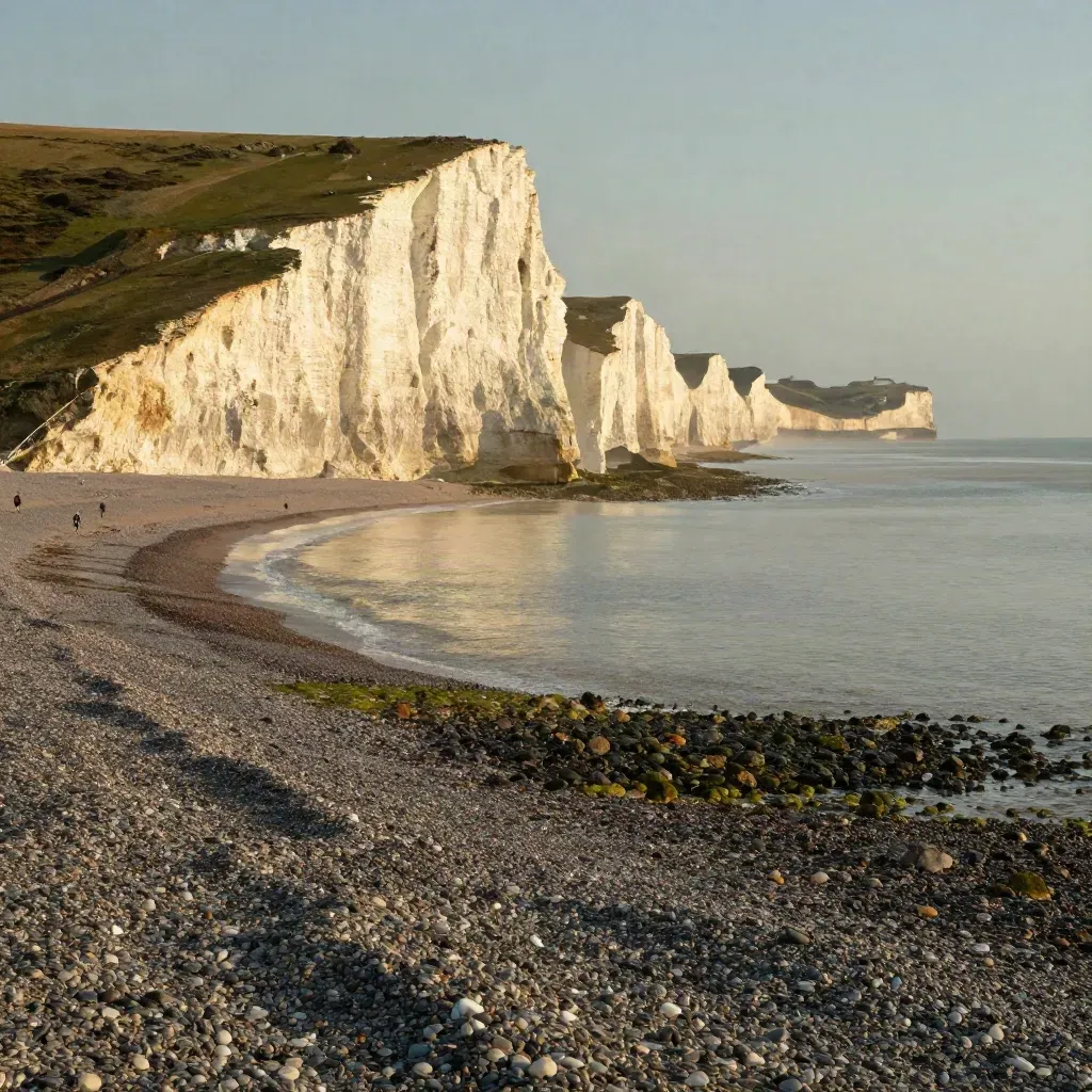 Golden-hour Seven Sisters cliffs above calm sea, wide coastal vista with open space for copy.
