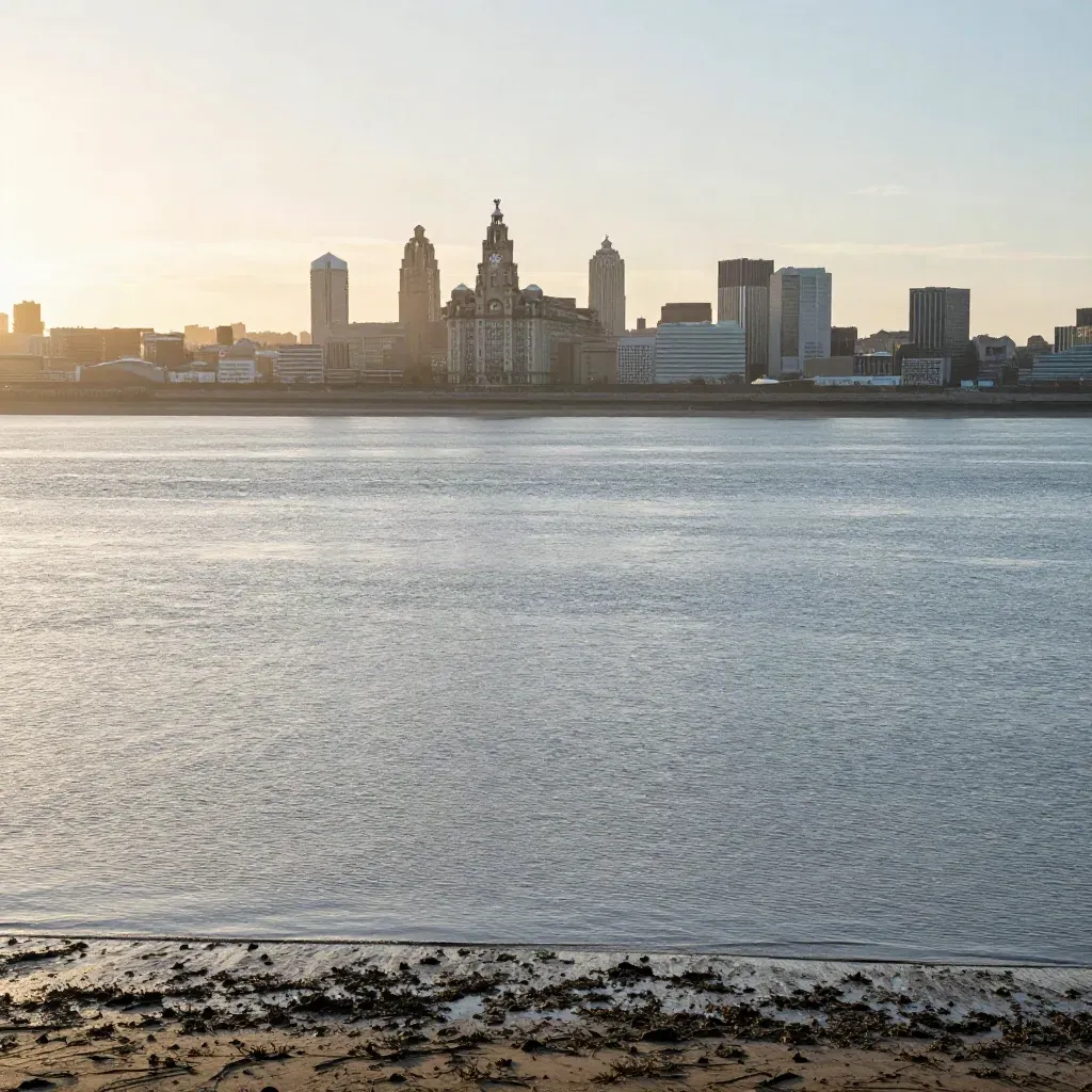 Distant Liverpool skyline above the Mersey under warm haze, with calm water filling the frame.