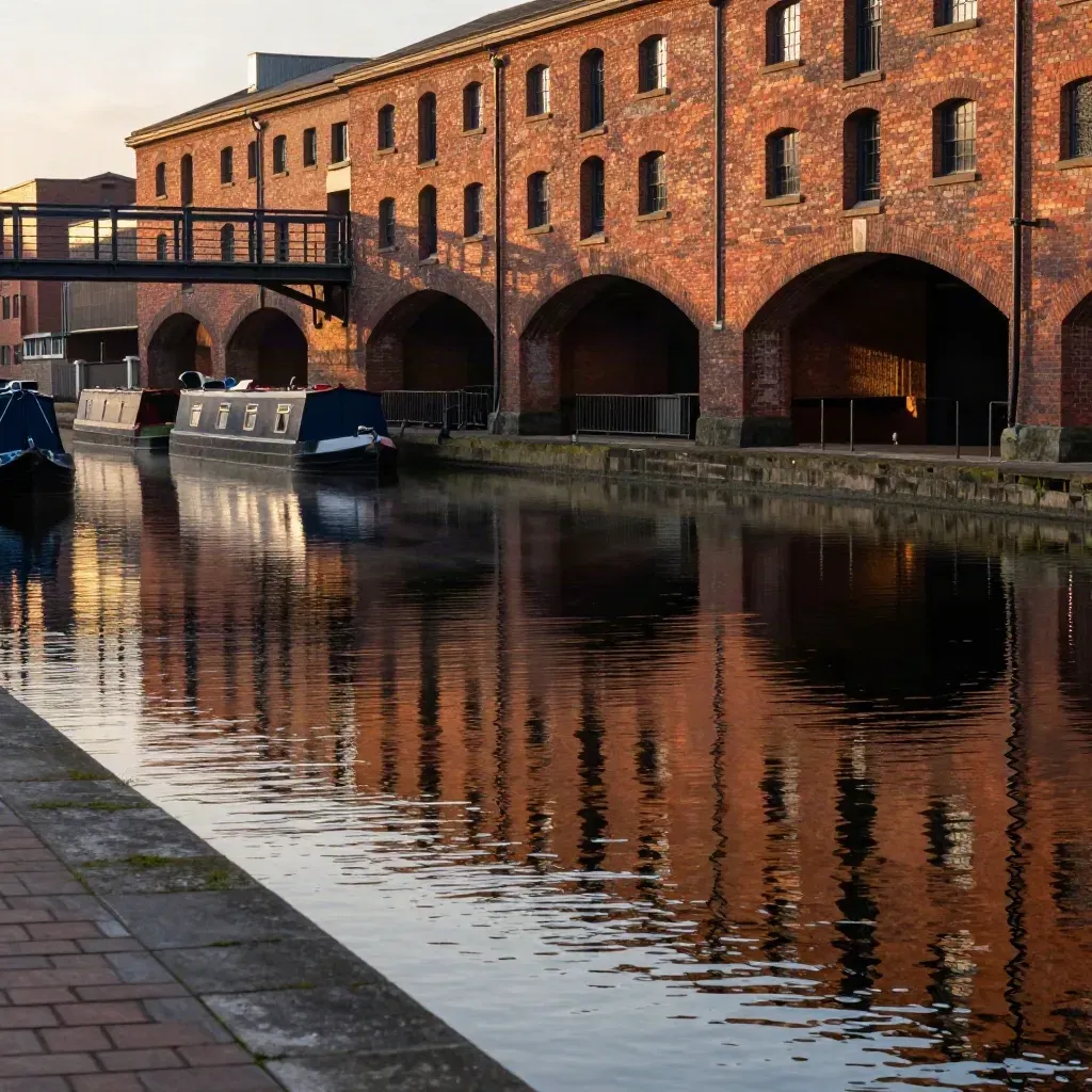 Birmingham canal arches reflected in calm water at dusk, with warm brick and soft haze.